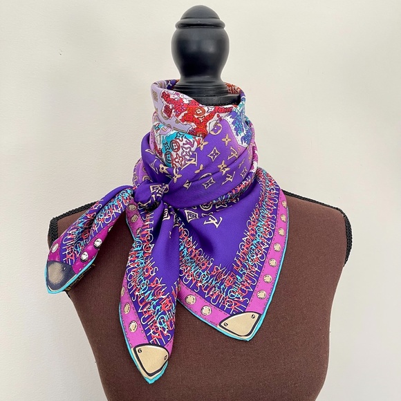 Display # 1 Louis Vuitton Monogram Map Square Purple Silk Scarf - Picture 14 of 16